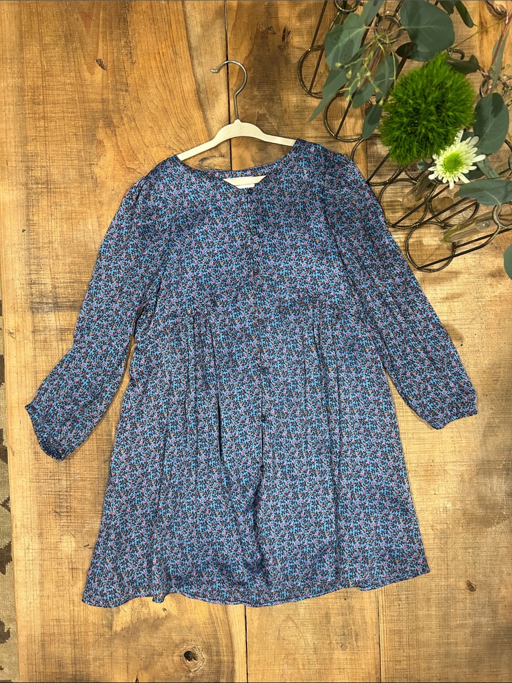 Zara Navy and Pink Floral Long-Sleeve Casual Dress